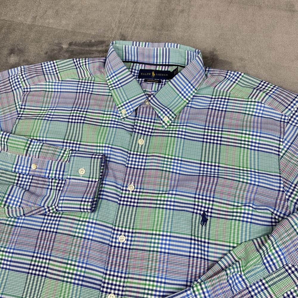 Ralph Lauren Performance Shirt Mens 1XB Blue Green Plaid Long Sleeve Button